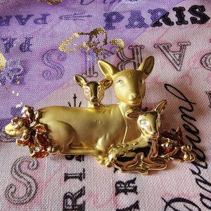 Gold Tone Family Deer Brooch Stamped Cursive D and Copyright c